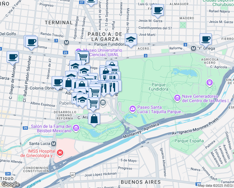 map of restaurants, bars, coffee shops, grocery stores, and more near Avenida Fundidora in Monterrey