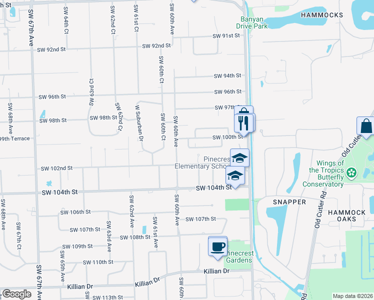 map of restaurants, bars, coffee shops, grocery stores, and more near 10140 Southwest 59th Avenue in Miami