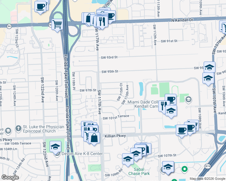 map of restaurants, bars, coffee shops, grocery stores, and more near 11540 Southwest 98th Street in Miami