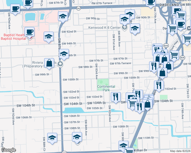 map of restaurants, bars, coffee shops, grocery stores, and more near 10000 Southwest 83rd Avenue in Miami