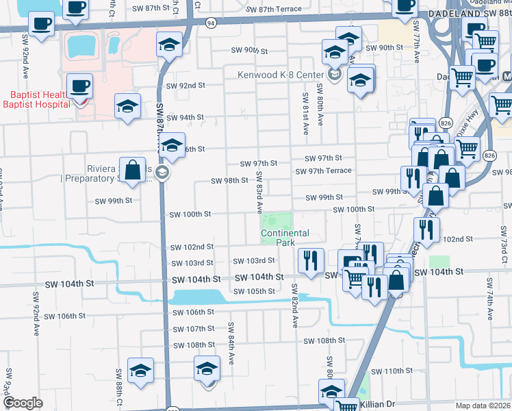 map of restaurants, bars, coffee shops, grocery stores, and more near 10000 Southwest 83rd Avenue in Miami