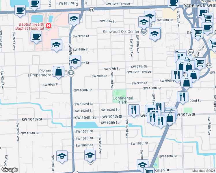 map of restaurants, bars, coffee shops, grocery stores, and more near 10000 Southwest 83rd Avenue in Miami