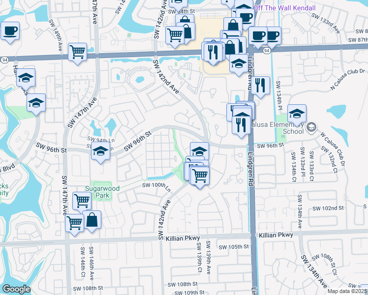 map of restaurants, bars, coffee shops, grocery stores, and more near 14234 Southwest 97th Terrace in Miami