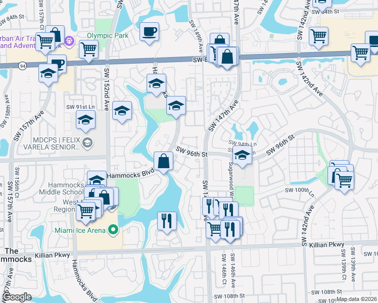 map of restaurants, bars, coffee shops, grocery stores, and more near 9673 Southwest 148th Avenue in Miami