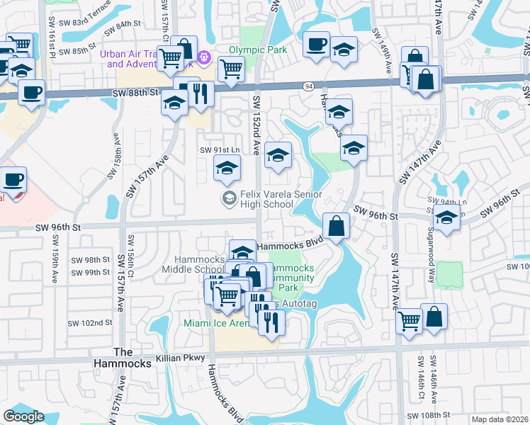 map of restaurants, bars, coffee shops, grocery stores, and more near 15168 Southwest 95th Lane in Miami