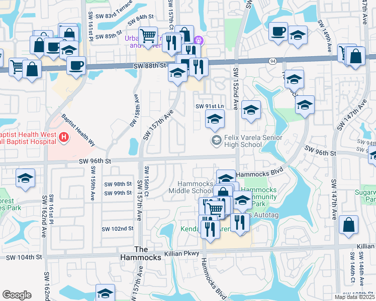 map of restaurants, bars, coffee shops, grocery stores, and more near 15433 Southwest 96th Terrace in Miami