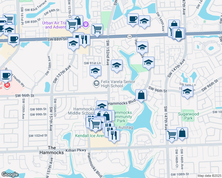 map of restaurants, bars, coffee shops, grocery stores, and more near 15168 Southwest 95th Lane in Miami