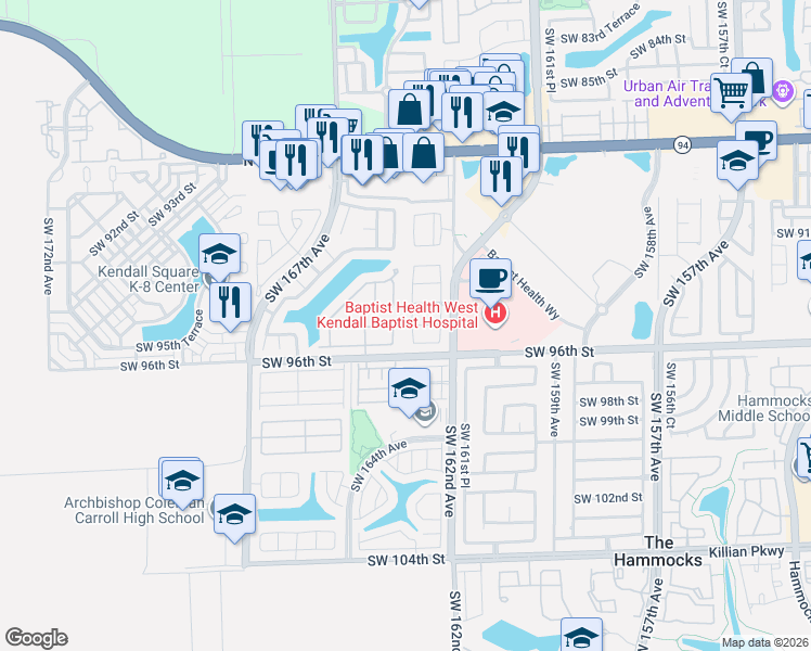map of restaurants, bars, coffee shops, grocery stores, and more near 9362 Southwest 163rd Court in Miami