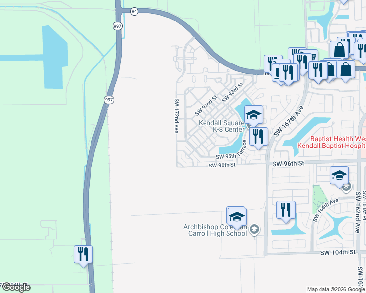 map of restaurants, bars, coffee shops, grocery stores, and more near 9283 Southwest 172nd Avenue in Miami