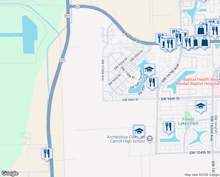 map of restaurants, bars, coffee shops, grocery stores, and more near 9322 Southwest 171st Avenue in Miami
