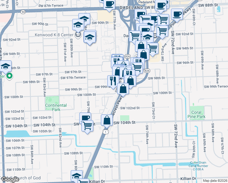 map of restaurants, bars, coffee shops, grocery stores, and more near 9840 Southwest 77th Avenue in Miami