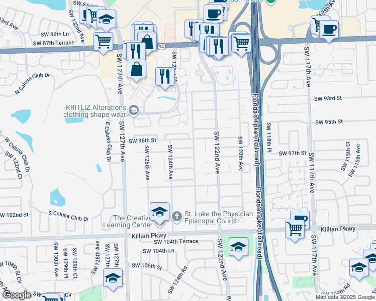 map of restaurants, bars, coffee shops, grocery stores, and more near 12340 Southwest 96th Street in Miami