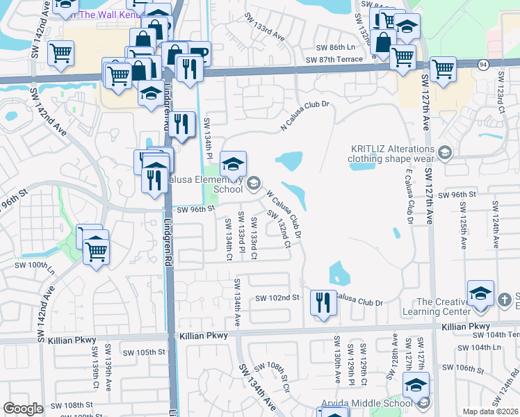 map of restaurants, bars, coffee shops, grocery stores, and more near 9600 West Calusa Club Drive in Miami