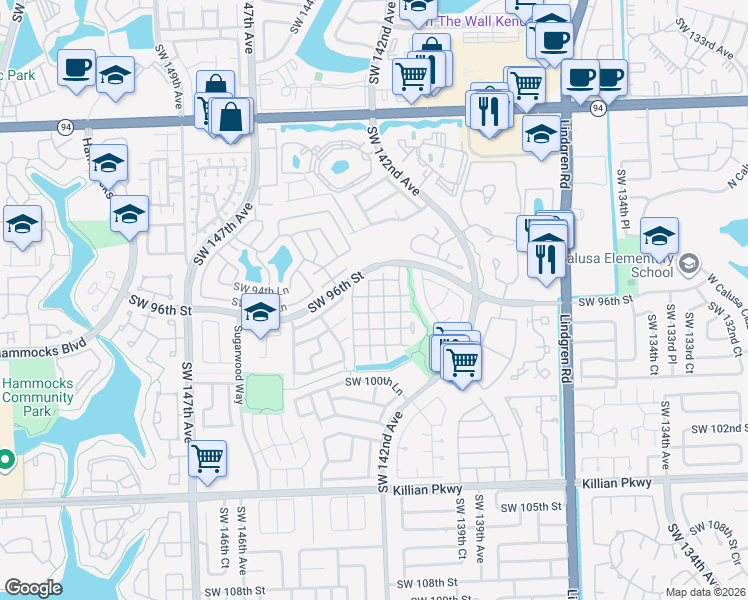 map of restaurants, bars, coffee shops, grocery stores, and more near 14378 Southwest 96th Terrace in Miami