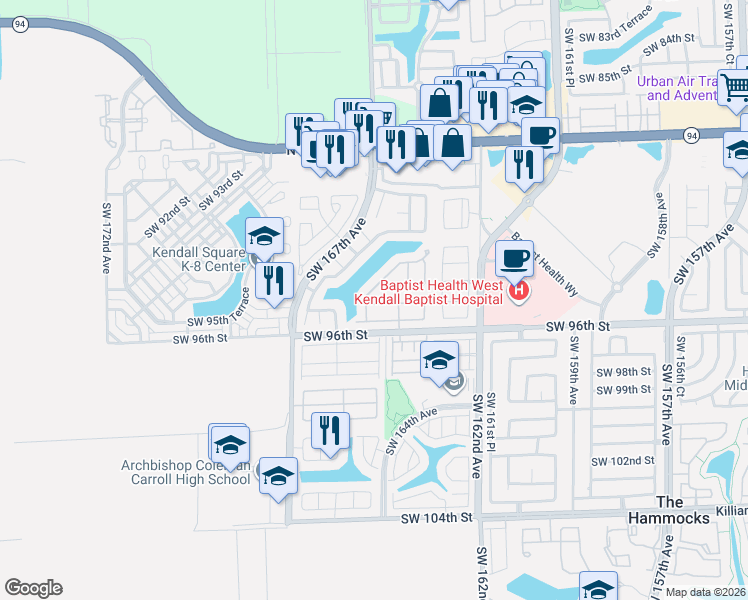 map of restaurants, bars, coffee shops, grocery stores, and more near 16421 Southwest 94th Street in Miami