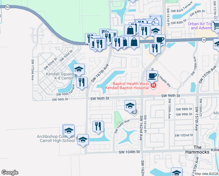 map of restaurants, bars, coffee shops, grocery stores, and more near 16421 Southwest 94th Street in Miami