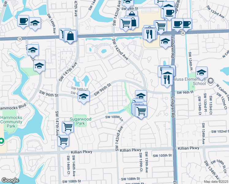 map of restaurants, bars, coffee shops, grocery stores, and more near 14378 Southwest 96th Terrace in Miami