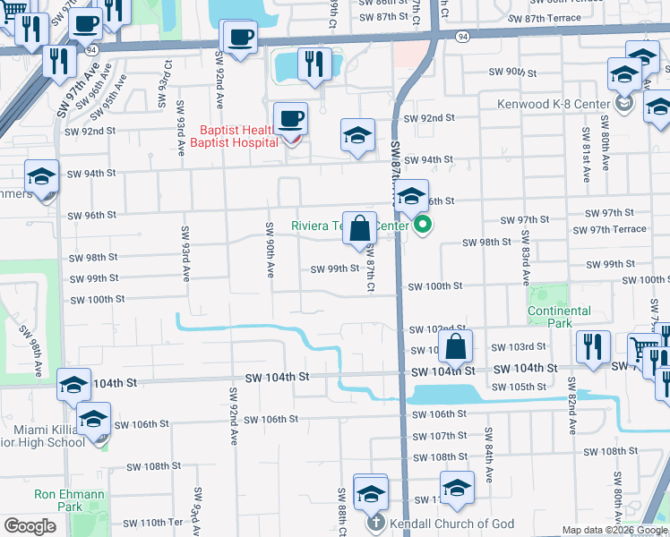 map of restaurants, bars, coffee shops, grocery stores, and more near Southwest 99th Street in Miami