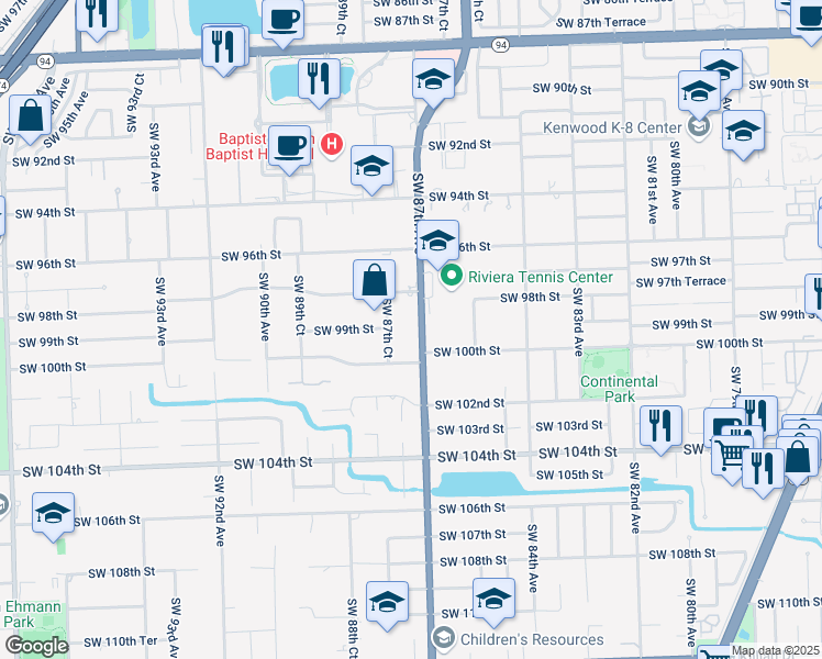 map of restaurants, bars, coffee shops, grocery stores, and more near 9810 Southwest 87th Avenue in Miami