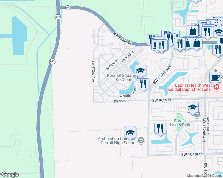 map of restaurants, bars, coffee shops, grocery stores, and more near 9423 Southwest 170th Place in Miami
