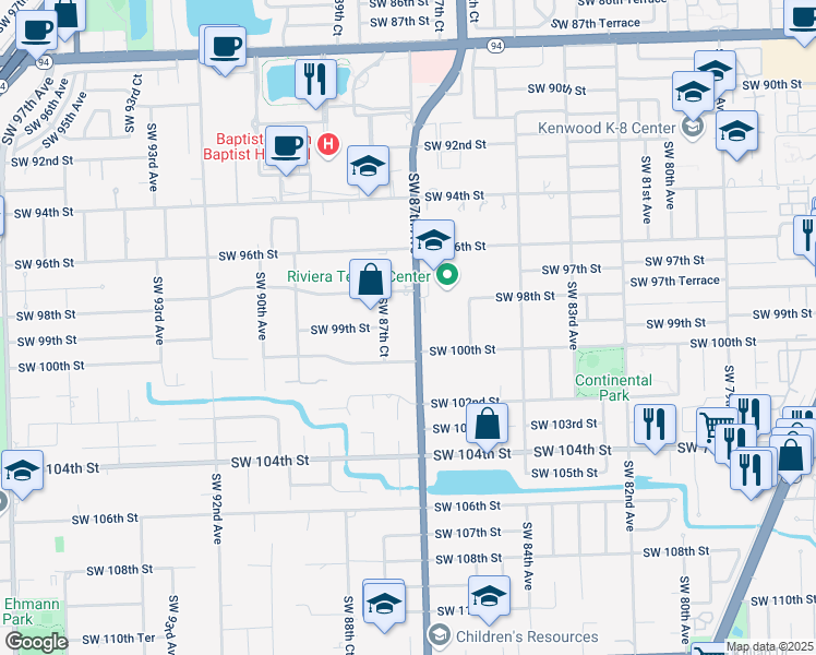 map of restaurants, bars, coffee shops, grocery stores, and more near 9810 Southwest 87th Avenue in Miami