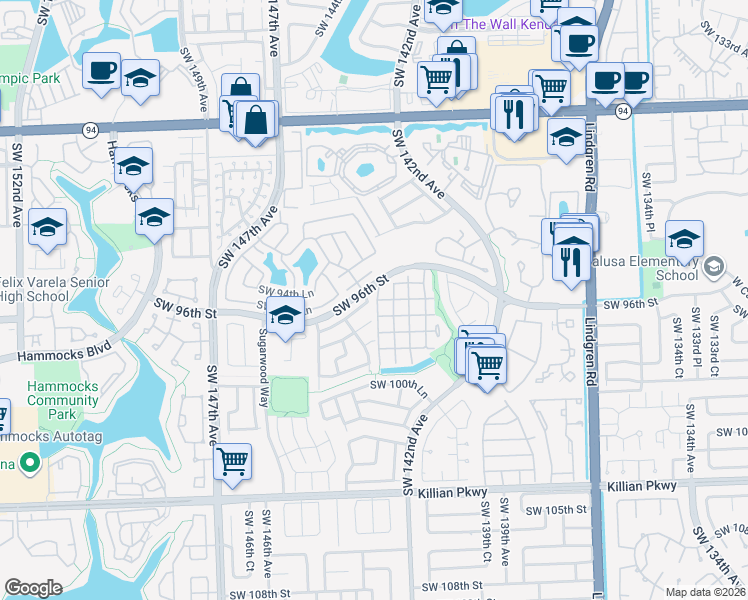map of restaurants, bars, coffee shops, grocery stores, and more near 14378 Southwest 96th Terrace in Miami