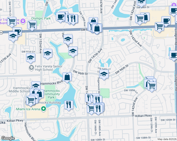 map of restaurants, bars, coffee shops, grocery stores, and more near 9525 Southwest 148th Avenue Circle North in Miami