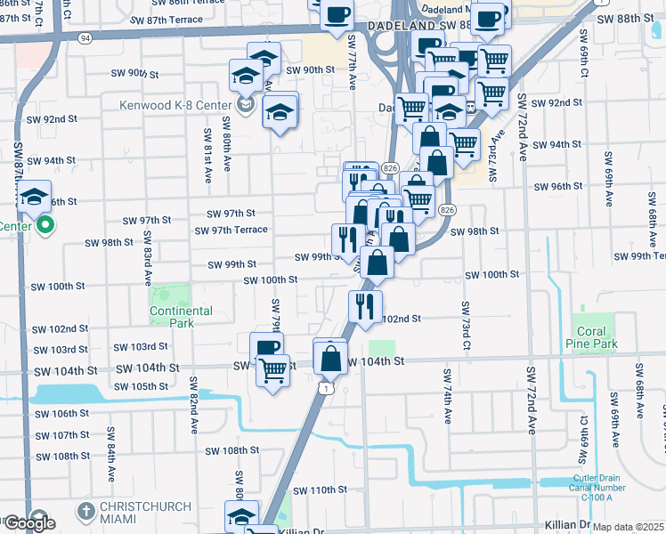 map of restaurants, bars, coffee shops, grocery stores, and more near 7747 Southwest 100th Street in Miami