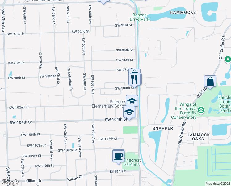 map of restaurants, bars, coffee shops, grocery stores, and more near 5830 Southwest 100th Street in Pinecrest
