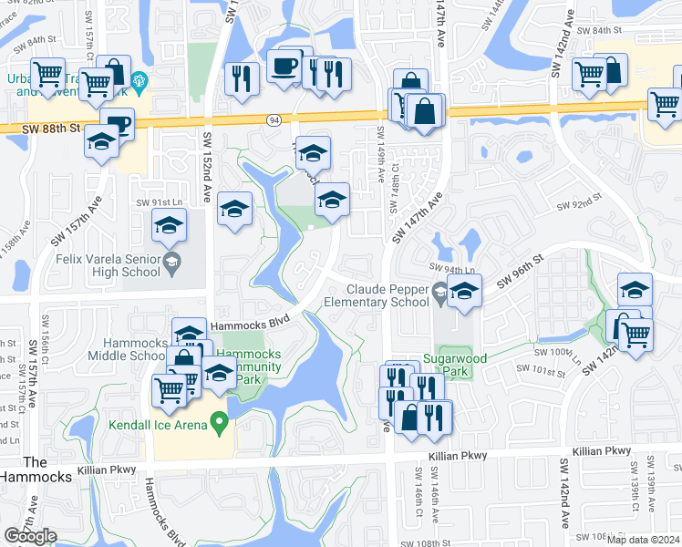 map of restaurants, bars, coffee shops, grocery stores, and more near 9576 Southwest 148th Avenue Circle East in Miami