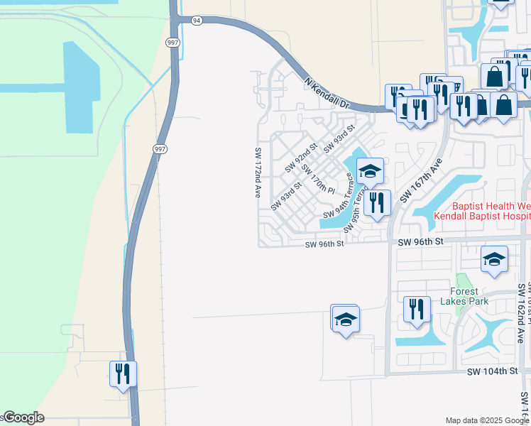 map of restaurants, bars, coffee shops, grocery stores, and more near 9283 Southwest 172nd Avenue in Miami