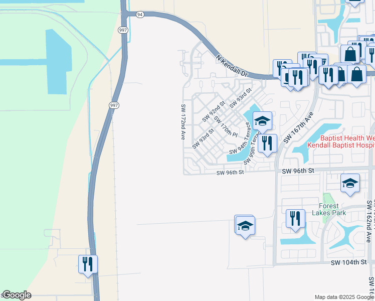 map of restaurants, bars, coffee shops, grocery stores, and more near 9283 Southwest 172nd Avenue in Miami