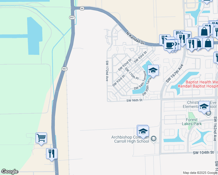 map of restaurants, bars, coffee shops, grocery stores, and more near 9283 Southwest 172nd Avenue in Miami