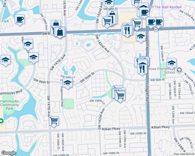 map of restaurants, bars, coffee shops, grocery stores, and more near 14378 Southwest 96th Terrace in Miami