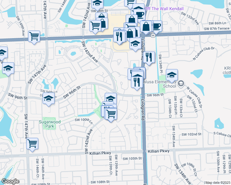 map of restaurants, bars, coffee shops, grocery stores, and more near 9055 Southwest 142nd Avenue in Miami