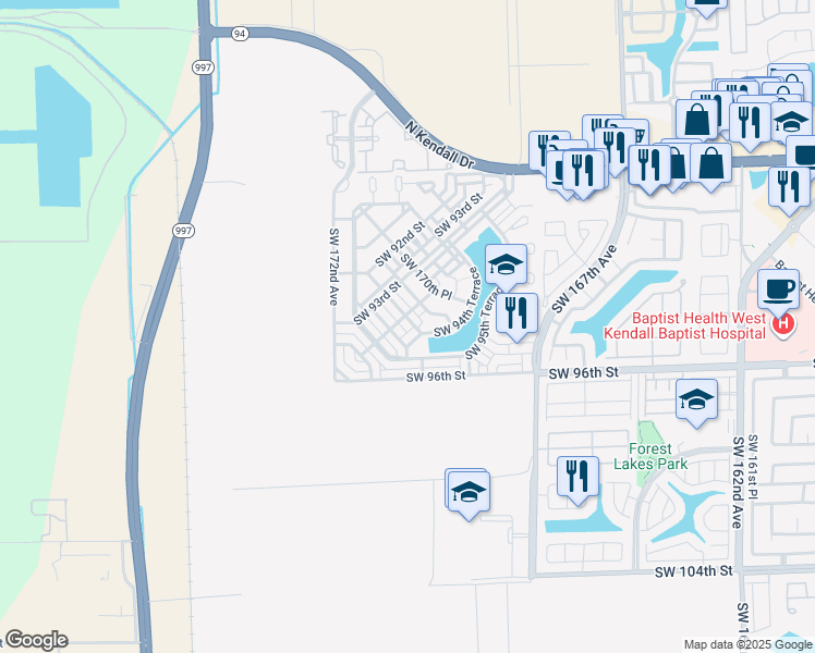 map of restaurants, bars, coffee shops, grocery stores, and more near 9423 Southwest 170th Place in Miami