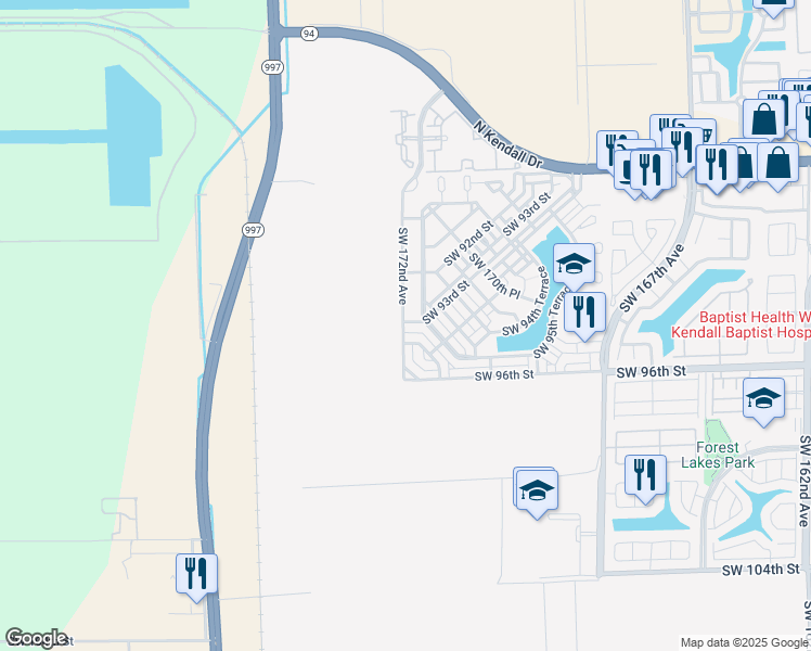 map of restaurants, bars, coffee shops, grocery stores, and more near 9283 Southwest 172nd Avenue in Miami