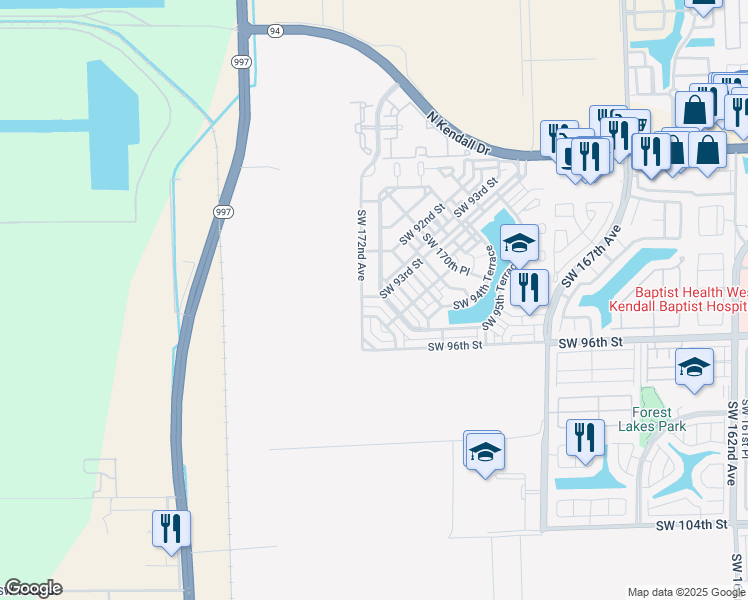 map of restaurants, bars, coffee shops, grocery stores, and more near 9283 Southwest 172nd Avenue in Miami