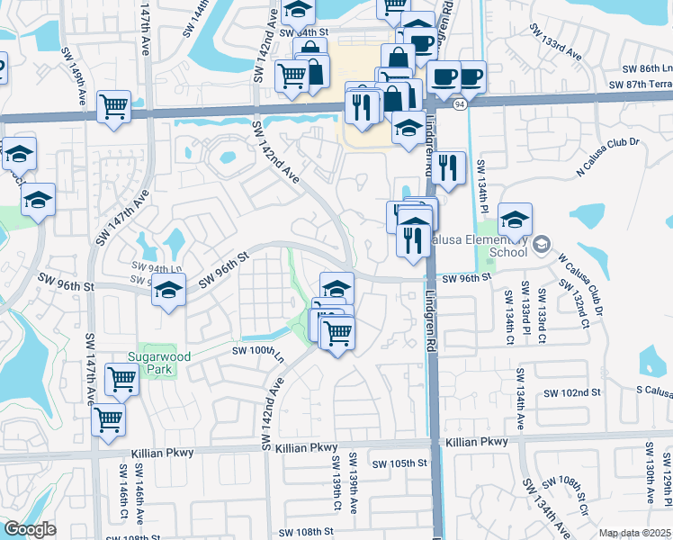 map of restaurants, bars, coffee shops, grocery stores, and more near 14217 Southwest 96th Terrace in Miami