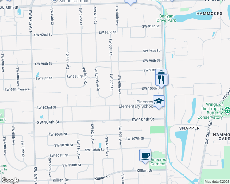 map of restaurants, bars, coffee shops, grocery stores, and more near 9940 Southwest 60th Court in Pinecrest