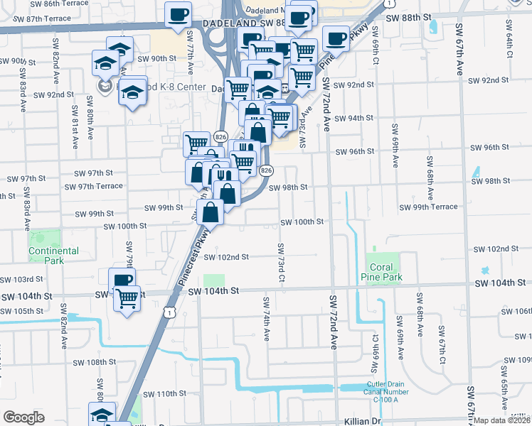 map of restaurants, bars, coffee shops, grocery stores, and more near 7385 Southwest 99th Street in Miami