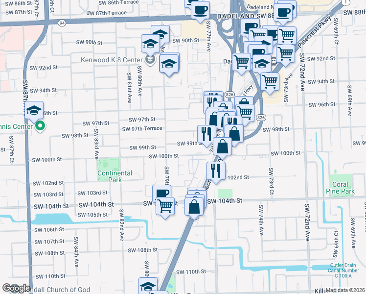 map of restaurants, bars, coffee shops, grocery stores, and more near 7855 Southwest 99th Street in Kendall