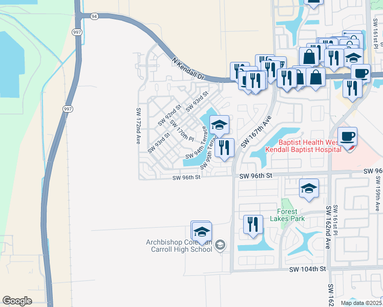 map of restaurants, bars, coffee shops, grocery stores, and more near 9465 Southwest 170th Path in Miami