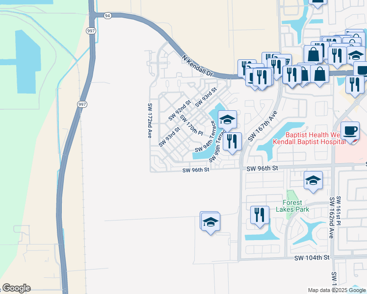map of restaurants, bars, coffee shops, grocery stores, and more near 9423 Southwest 170th Place in Miami
