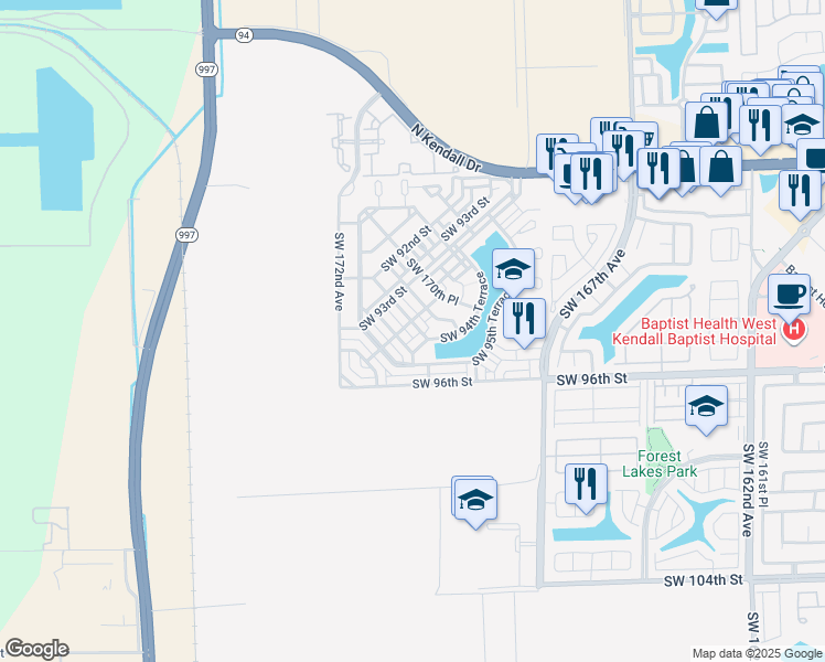 map of restaurants, bars, coffee shops, grocery stores, and more near 9423 Southwest 170th Place in Miami