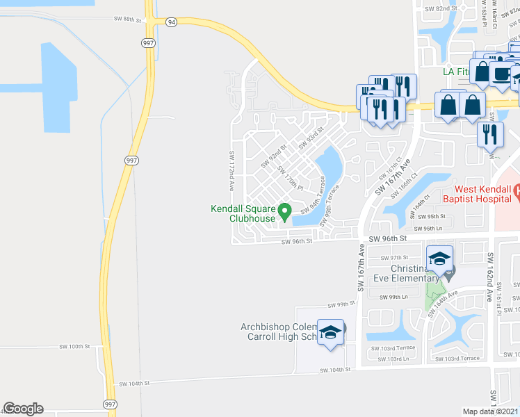 map of restaurants, bars, coffee shops, grocery stores, and more near 9322 Southwest 171st Avenue in Miami