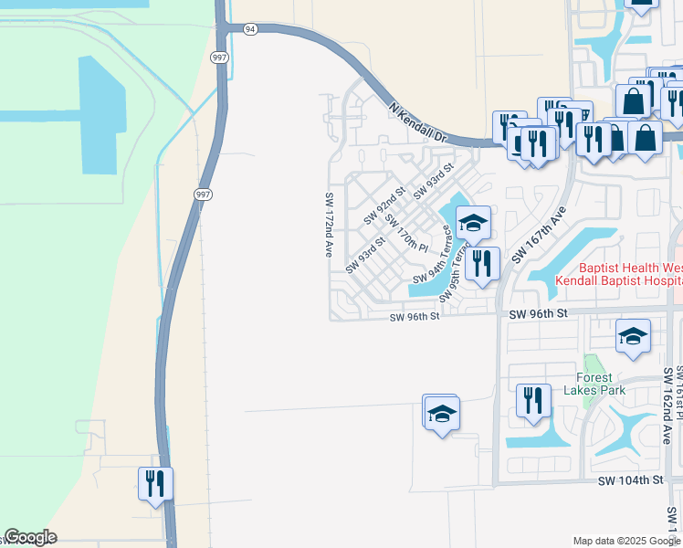 map of restaurants, bars, coffee shops, grocery stores, and more near 9283 Southwest 172nd Avenue in Miami