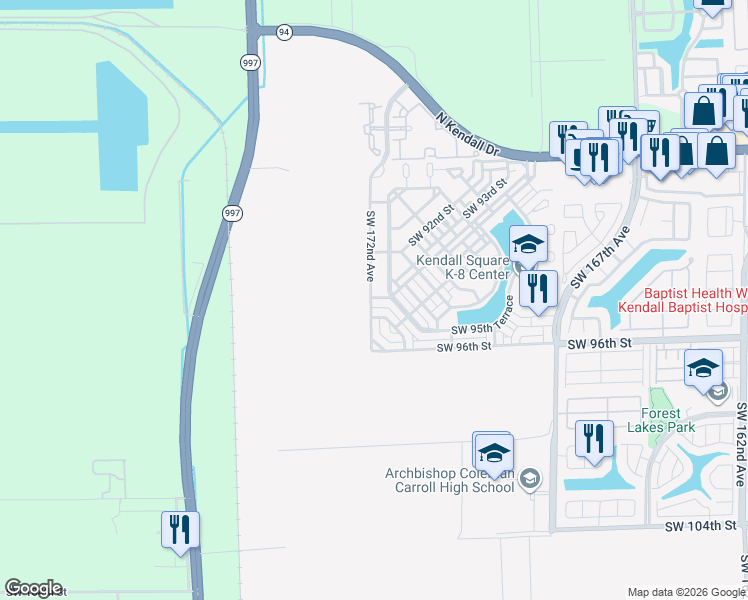 map of restaurants, bars, coffee shops, grocery stores, and more near 9283 Southwest 172nd Avenue in Miami