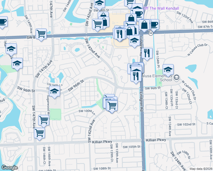 map of restaurants, bars, coffee shops, grocery stores, and more near 14242 Southwest 96th Terrace in Miami