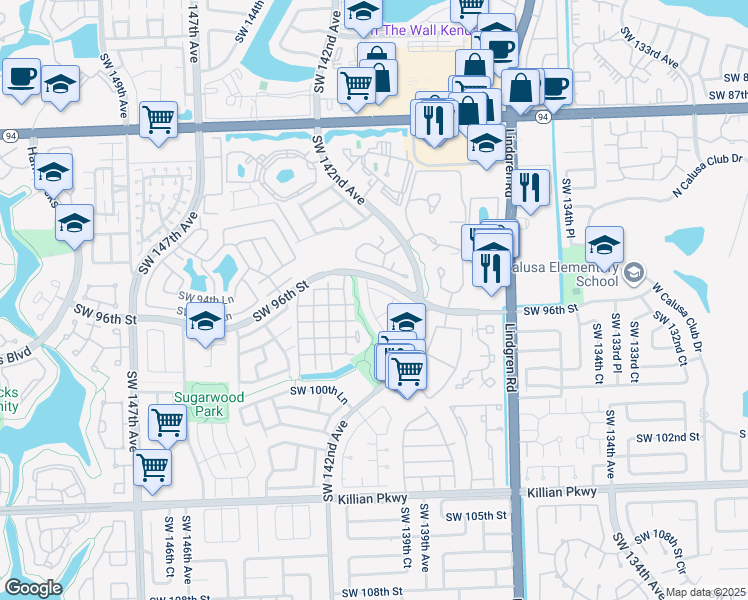 map of restaurants, bars, coffee shops, grocery stores, and more near 14271 Southwest 97th Terrace in Miami
